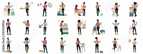 Illustrations of a Black woman enjoying various meals and activities, from cafe visits to New Year's celebrations and healthy eating.