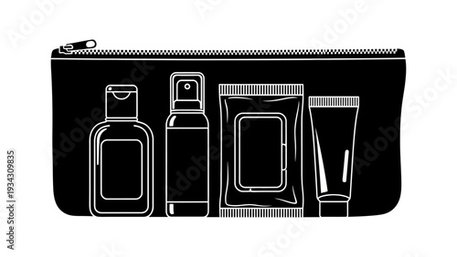 Personal care items in a toiletry bag, including hand sanitizer, spray, wipes, and lotion