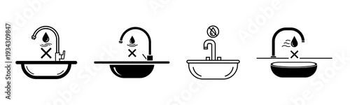 Set of four different faucet icons representing plumbing and water flow, with options for on, off, and leak alerts