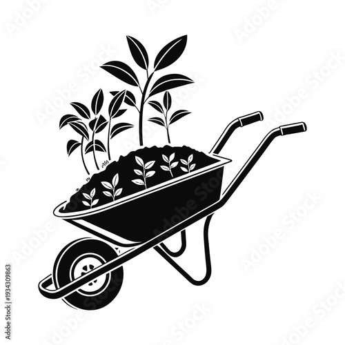 Black and White Wheelbarrow with Plants Illustration � Garden Equipment and Nature Care Concept Design