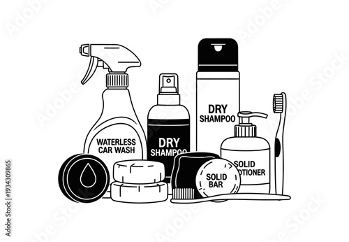 Curated collection of water-saving and eco-conscious personal care essentials, featuring solid bars and spray products for a sustainable daily hygiene routine