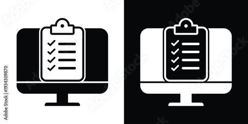 Flat icon of a clipboard with checkmarks on a monitor. Ideal for illustrating online task management, survey completion, electronic checklists, and digital project organization.