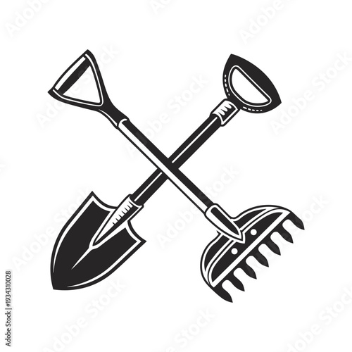 Crossed Garden Tools Shovel and Rake Illustration � Classic Farming and Landscaping Symbol Design