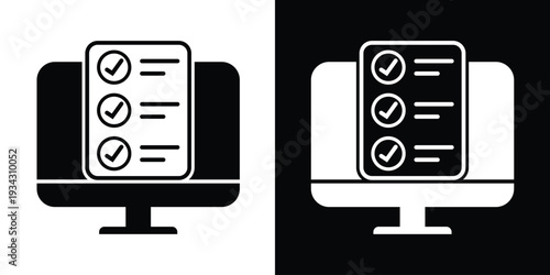 Flat icon of a clipboard with checkmarks on a monitor. Ideal for illustrating online task management, survey completion, electronic checklists, and digital project organization.