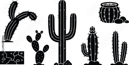 Minimalist black and white vector art close up saguaro and prickly pear cactus silhouettes from low angle with spines cracked soil flat design isolated icons set