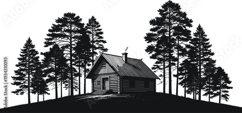 Rustic log cabin in pine forest silhouette, black and white woodland landscape illustration with cozy countryside mountain retreat scenery