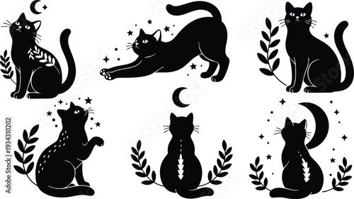 Minimalist vector art black cat silhouettes in sitting stretching and rear poses with moon stars laurel leaves decorative mystical night icons playful elegant flat simple charm