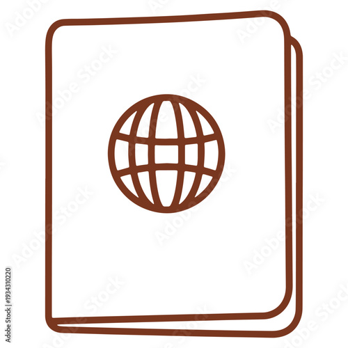 Passport icon with world globe symbol for international travel and identity verification brown outlined design concept