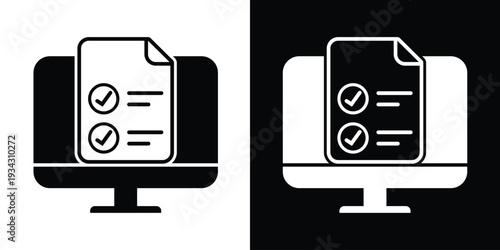 Flat icon of a clipboard with checkmarks on a monitor. Ideal for illustrating online task management, survey completion, electronic checklists, and digital project organization.
