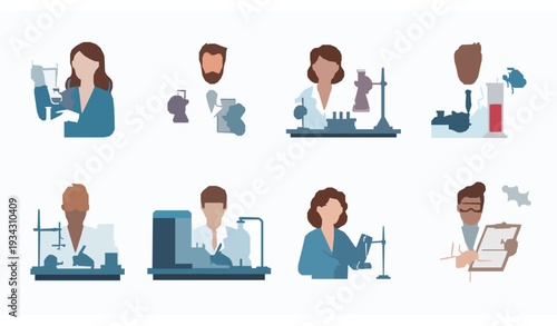 Science and chemistry researchers working in lab flat isolated vector illustration set on white background