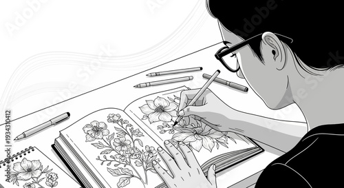 Artist Drawing Floral Patterns in Sketchbook - Creative Hobby