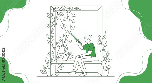 Artist Drawing Floral Vines on Window Frame with Greenery - Line Art Illustration