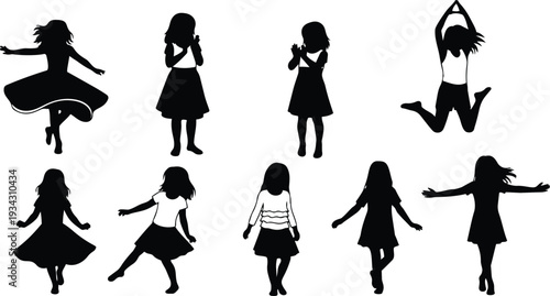 Minimalist vector silhouettes of girls spinning jumping walking and posing in varied costumes front and back view isolated black shapes in flat graphic style studio cutouts