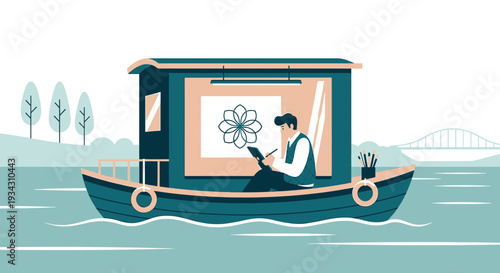 Artist Drawing Flower Design on Floating Studio Boat