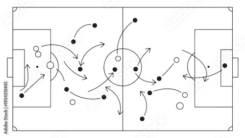 Soccer tactics board with arrows and players positions in black and white minimalist illustration for sports analysis