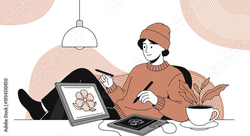 Artist Drawing Flower Design on Tablet, Creative Digital Art, Cozy Workspace