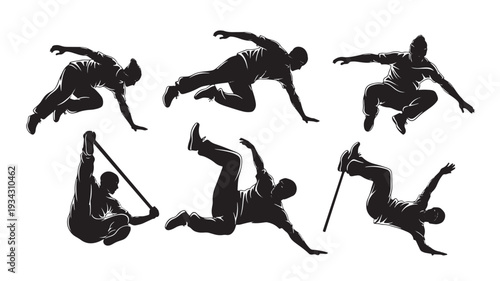 Silhouette of dancing man in various poses in black color on white background for graphic design