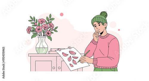 Artist Drawing Flower Petals Inspired by Vase Bouquet