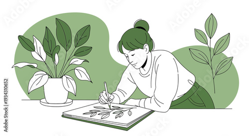 Artist Drawing Botanical Sketch of Leaves in Potted Plant