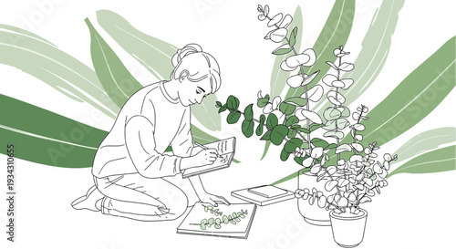 Artist Drawing Botanical Sketch of Eucalyptus Leaves in Studio