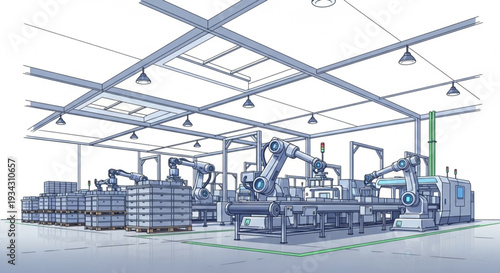 Modern factory interior with robotic arms and automated assembly line.