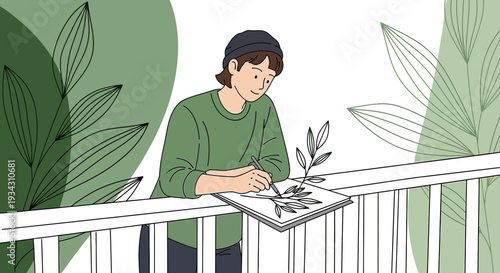 Artist Drawing Botanical Sketch on Balcony Surrounded by Greenery
