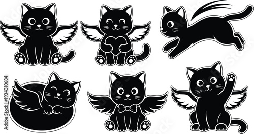 Cute winged cat sticker set in black silhouette six poses close up flying sleeping sitting waving heart holding bow tie flat vector art with playful outlines