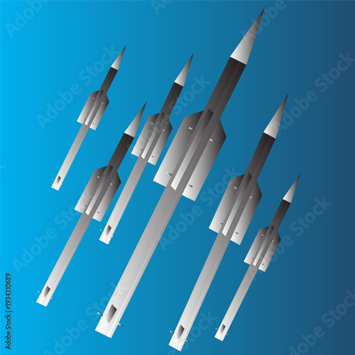 3D industrial cruise ballistic missile set. Realistic strategic weapons art. War technology. Aircraft military bomb