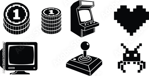 Minimalist retro gaming vector set close up joystick and arcade cabinet with coin stack pixel heart pixel alien and vintage monitor icons in flat monochrome lighting