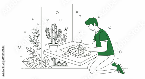 Artist Drawing Cactus Illustration, Creative Hobby, Indoor Gardening, Botanical Art