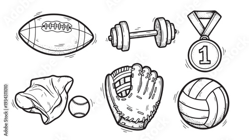 Collection of sports equipment in line art style with black and white coloring on clean background for athletic branding