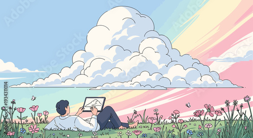 Artist Drawing Clouds and Rainbow in Dreamy Meadow
