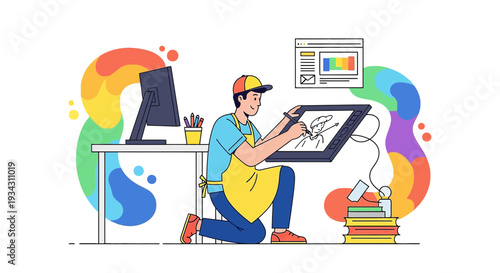 Artist Drawing Digital Art on Tablet with Colorful Swirls and Computer