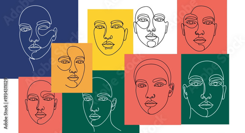 Harmonious abstract line art faces in a vibrant modern mosaic, showcasing diverse minimalist human forms through continuous expressive contours and graphic design elegance