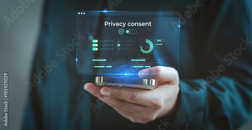 Принти на полотні GDPR data protection and security compliance, Man holding smartphone managing Pr