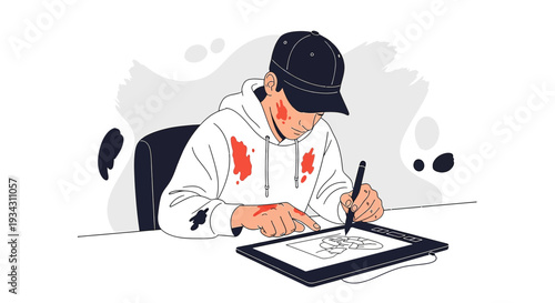 Artist Drawing Digital Illustration on Tablet, Creative Design Process