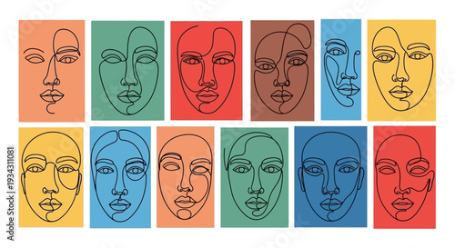 Collection of Diverse Minimalist Human Faces in Continuous Line Art, Showcasing Abstract Beauty and Individuality on Vibrant Colorful Backgrounds