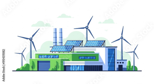 Modern Factory with Solar Panels and Wind Turbines for Renewable Energy.
