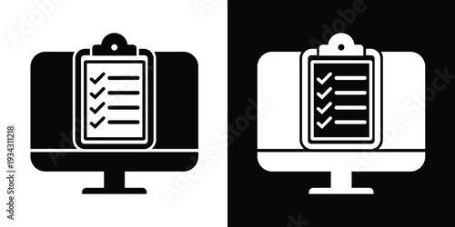 Flat icon of a clipboard with checkmarks on a monitor. Ideal for illustrating online task management, survey completion, electronic checklists, and digital project organization.