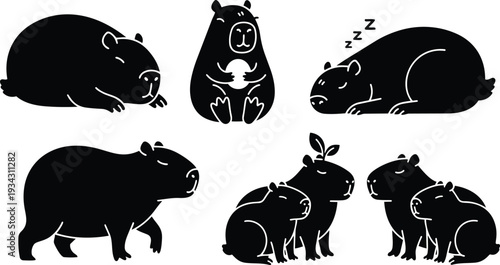 Minimalist vector art capybara set showing sleeping standing sitting family group and close up front view with simple black silhouettes and white outline details cute relaxed