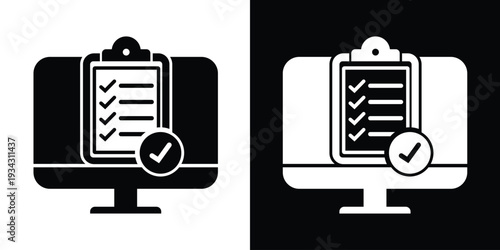 Flat icon of a clipboard with checkmarks on a monitor. Ideal for illustrating online task management, survey completion, electronic checklists, and digital project organization.