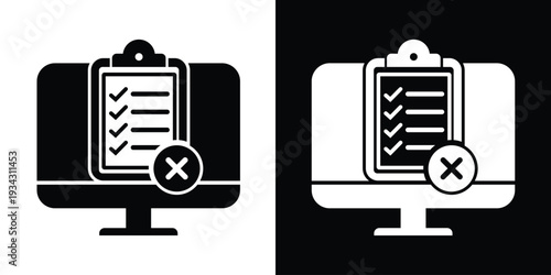 Vector illustration of a computer monitor with a checklist and a cross mark badge. Concept of rejected online application, failed verification, or declined digital form submission.