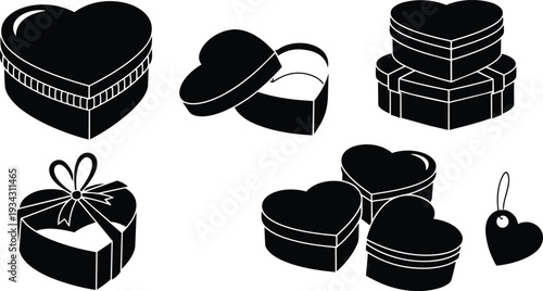 Minimalist vector art close up heart shaped gift boxes with open lid ribbon tied tag and three stacked boxes in top view flat black silhouette interior
