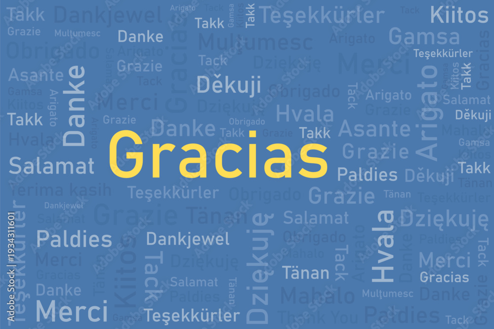 Obraz premium Gracias word meaning thank you in Spanish language. Thank you in multiple languages. Different international language thank you word collage.
