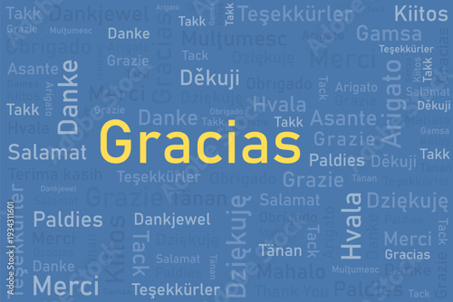 Gracias word meaning thank you in Spanish language. Thank you in multiple languages. Different international language thank you word collage.