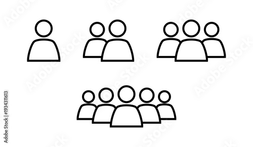 Icon set with single person, pairs and bigger teams. Flat design line art vector simple user silhouettes. Isolated user icons.