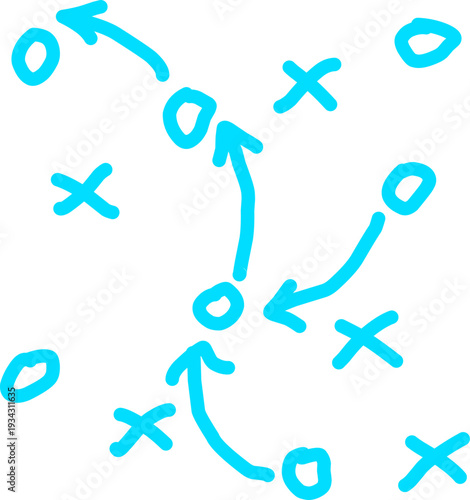 Tableau sur toile Hand drawn football tactic strategy with arrows and X O symbols on white background