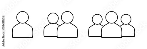 User icon set with single person, pairs and bigger teams. Flat design line art vector simple user silhouettes. Isolated user icons.