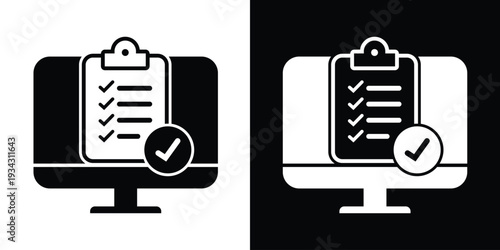Flat icon of a clipboard with checkmarks on a monitor. Ideal for illustrating online task management, survey completion, electronic checklists, and digital project organization.