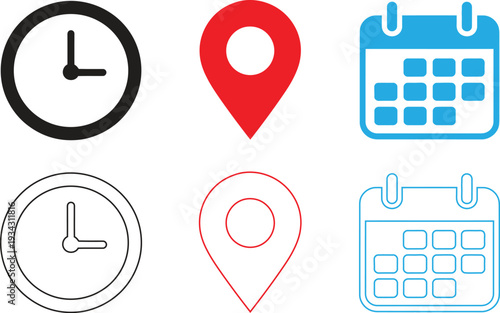 essential ui icon set. clock time, map pin location, calendar schedule. vector illustration